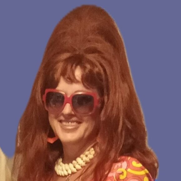 60's Go-Go Costume complete with Dior Sunglasses, Dress, Boots, Red Bouffant Wig - Picture 5 of 16